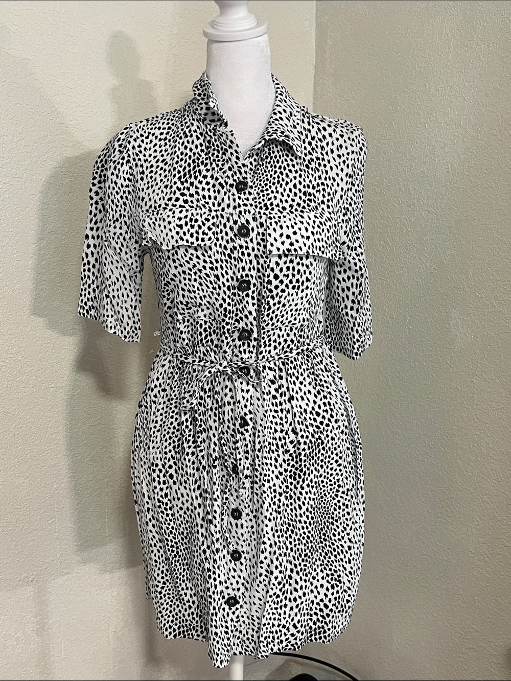 Topshop Black & White Spotted Button-Front Mini Dress